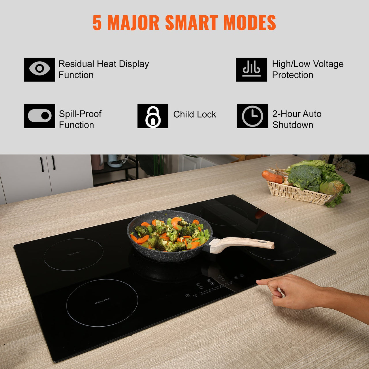 Electric Cooktop, 5 Burners, 36'' Induction Stove Top, Built-in Magnetic Cooktop 9200W, 9 Heating Level Multifunctional Burner, LED Touch Screen w/ Child Lock & Over-Temperature Protection