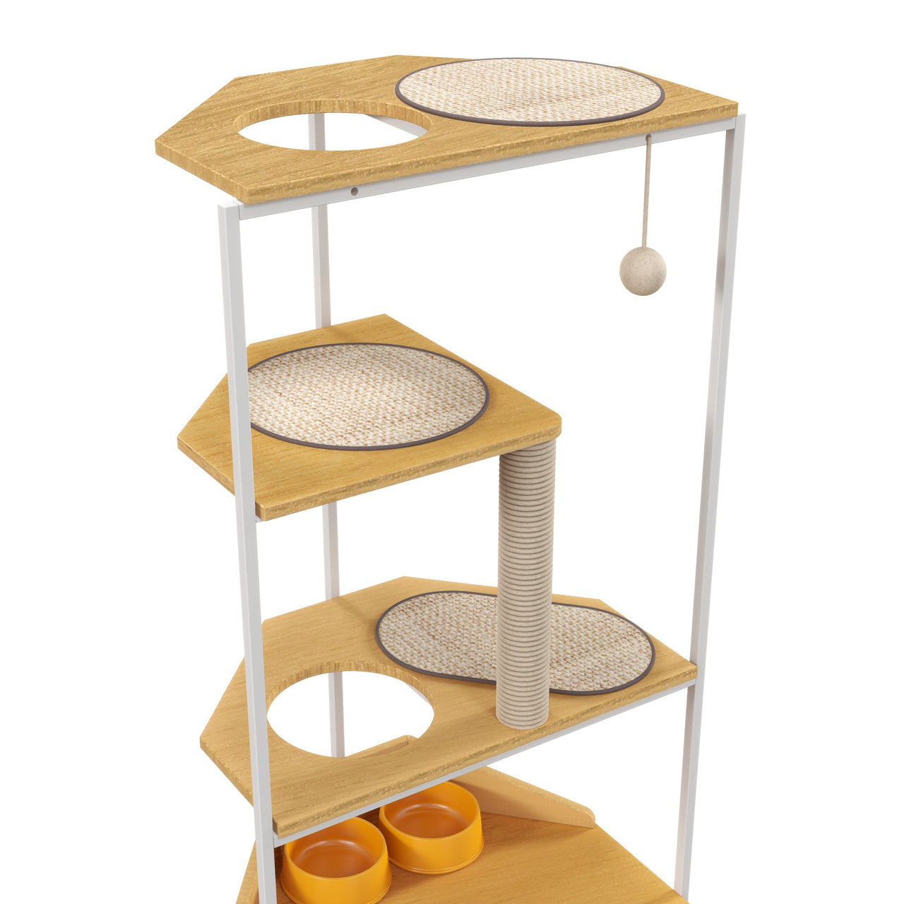 Modern Corner Cat Tower with Scratching Post, Cat Condo and Feeding Station, White and Light Oak Particle Board, 58.27-inch Height