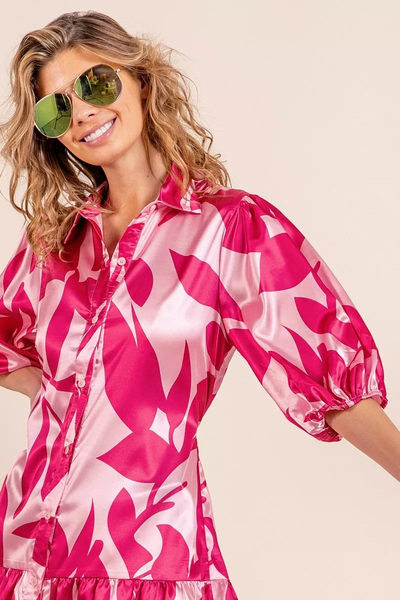 BiBi Leaf Pattern Collared Satin Dress