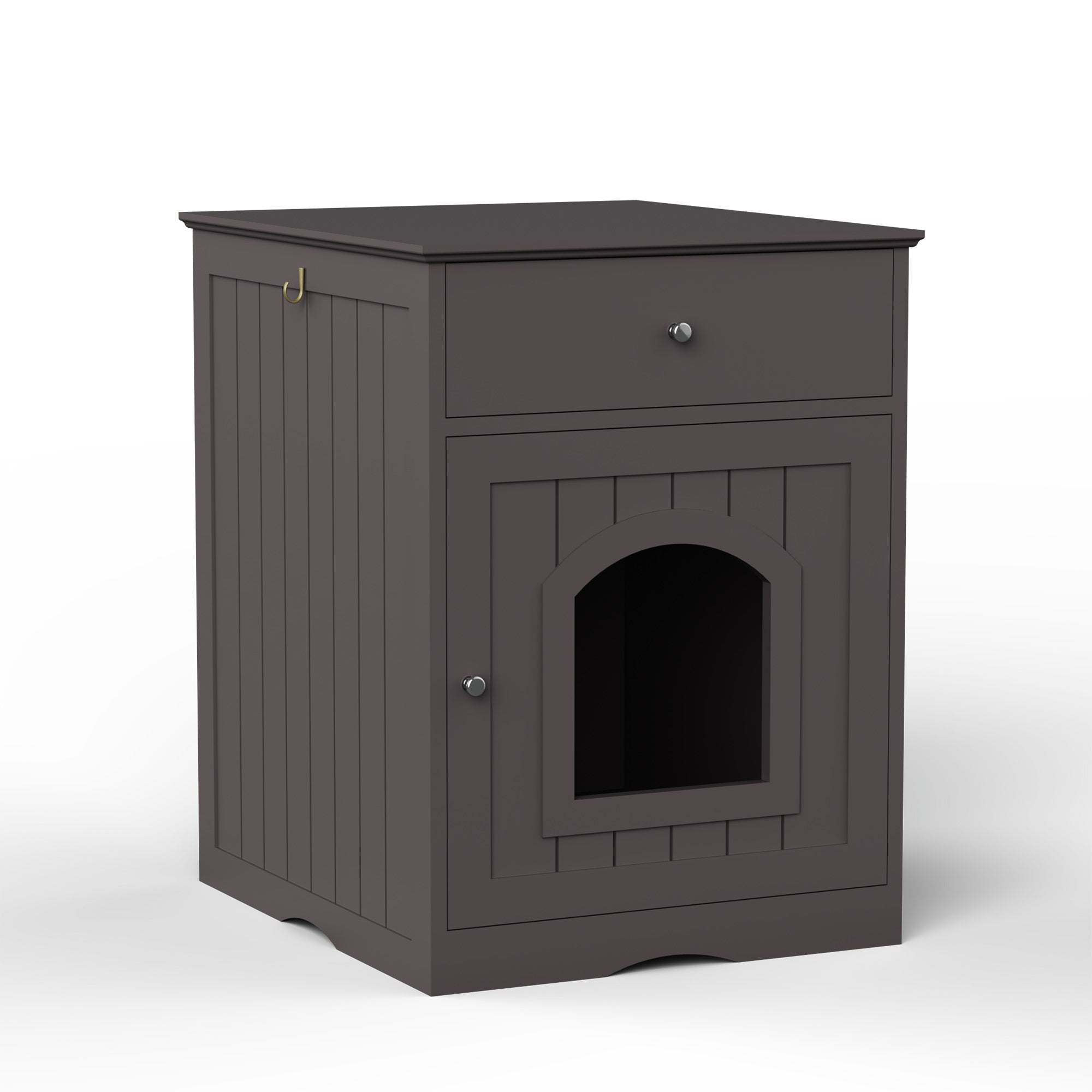 Brown Wooden Pet House Cat Litter Box Enclosure with Drawer, Side Table, Indoor Pet Crate, Cat Home Nightstand