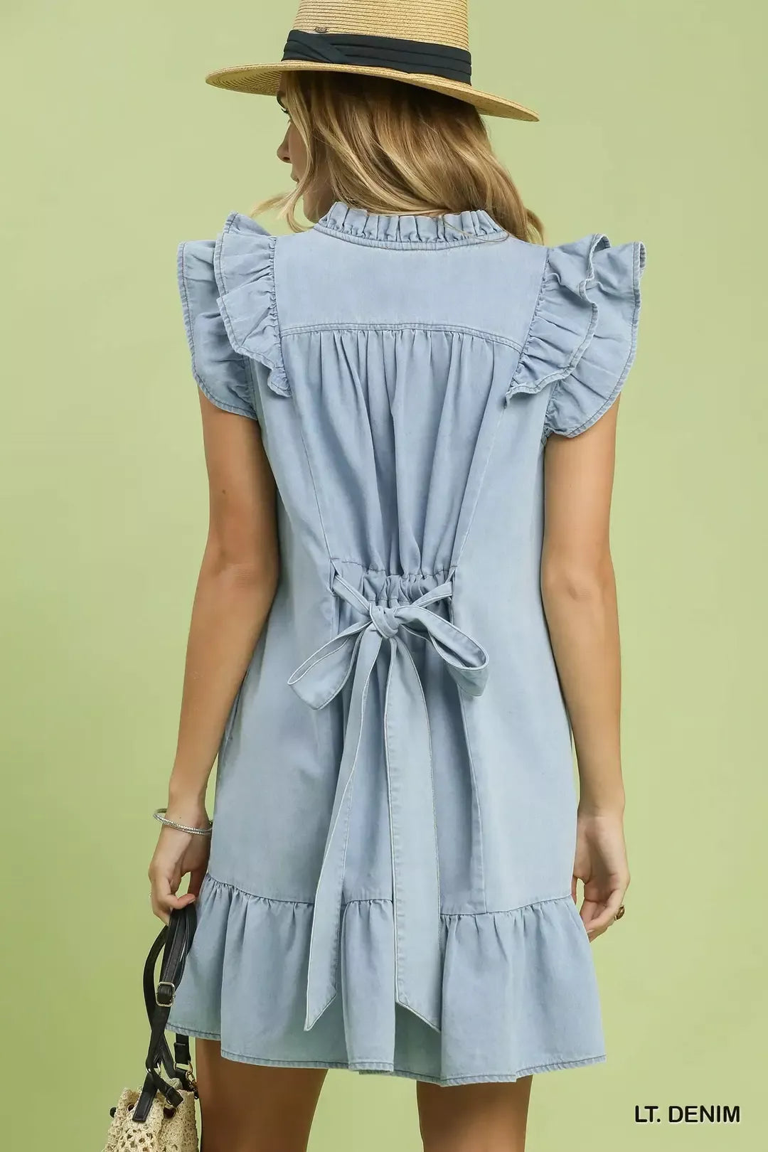 Umgee Chambray Ruffled Denim Dress with Side Pockets