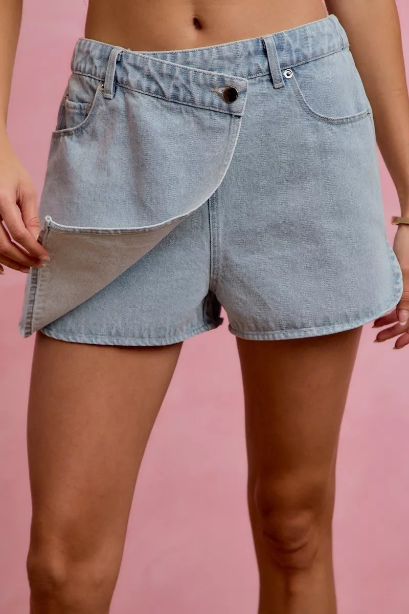 SO ME Washed Denim Wrap Skorts