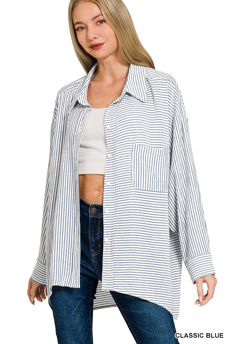 Zenana Woven Stripe Button Down Shirt