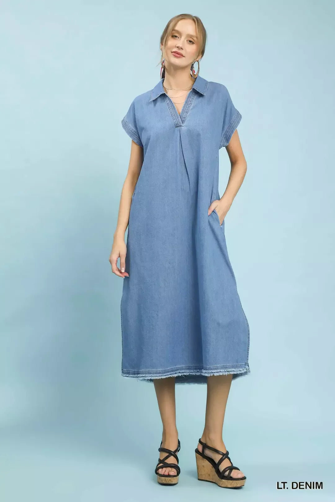 Umgee Stone Washed Collared Denim Midi Dress