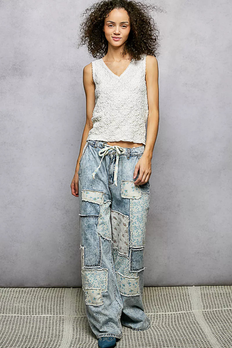 POL Textured Knit V-Neck Tank with Lace Trim