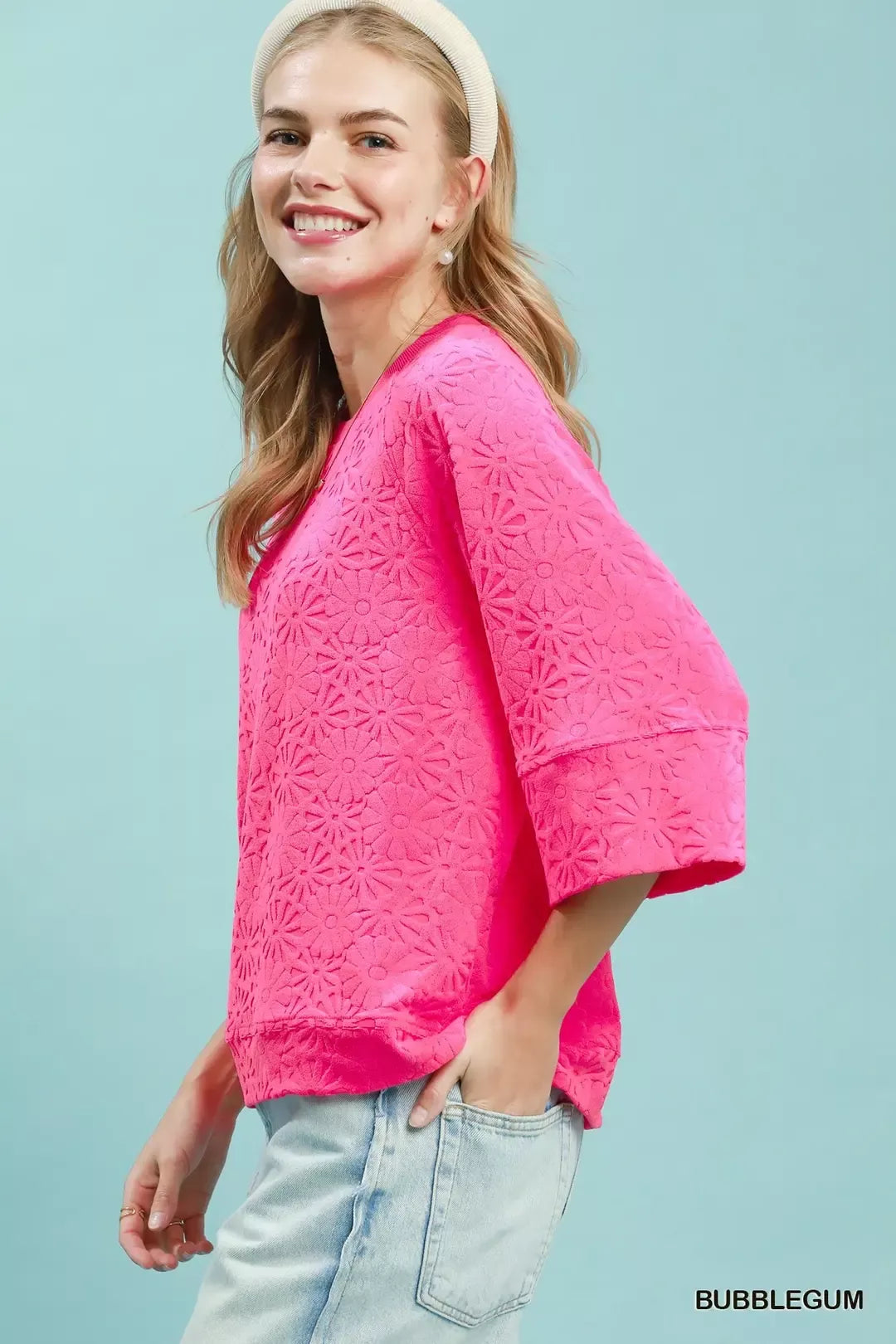Round Neck Textured Floral Terry Blouse