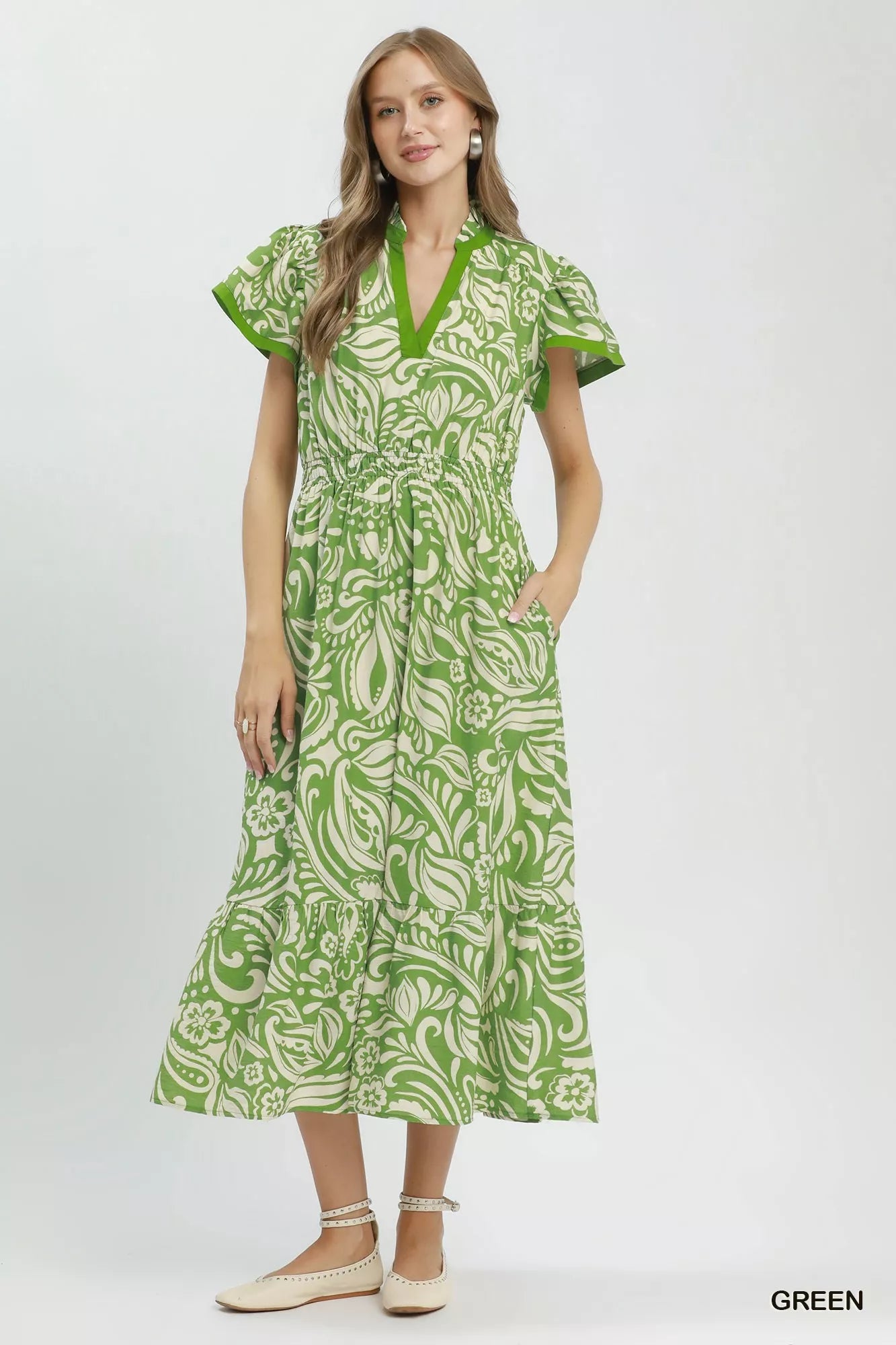 Umgee Paisley Print Midi Dress with Side Pockets