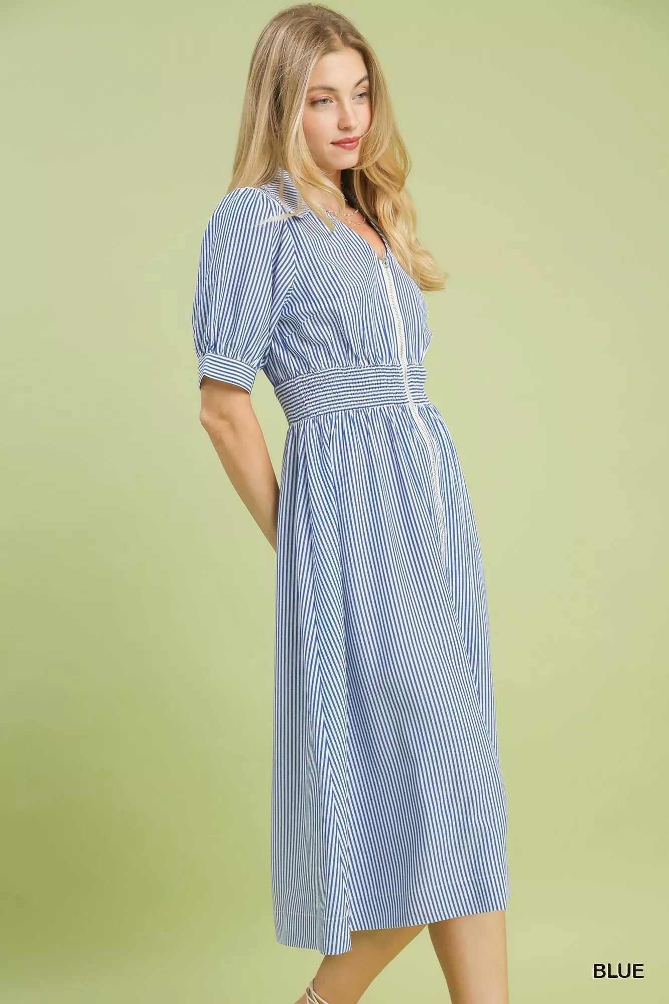 Umgee Striped Midi Dress with Front Zipper