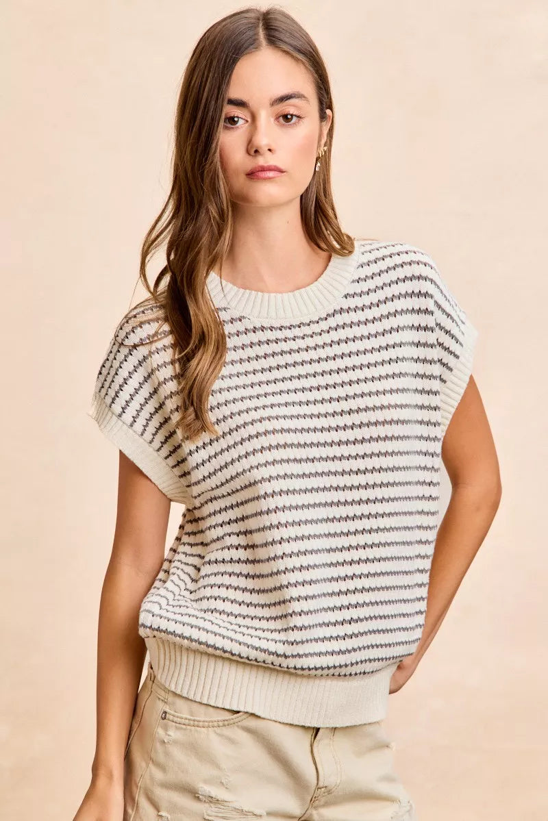 BiBi Pointelle Stripes Sleeveless Drop Shoulder Lightweight Sweater Top