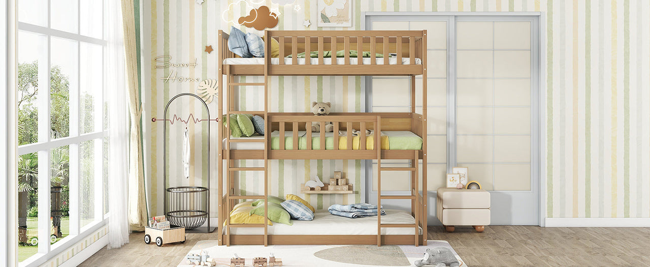 Twin Size Triple Rubber Wood Bunk Bed, with Ladders, Guardrails Detachable Bunk Bed, Twin over Twin over Twin,Natural