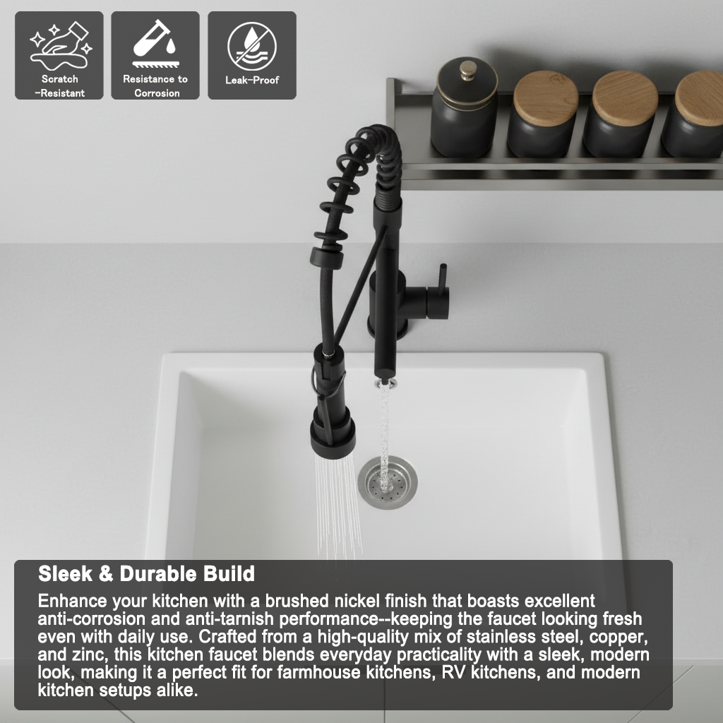 Kitchen Faucet with Pull Down Sprayer, Touch On Single Handle 2- Function Stainless Steel Spring Neck, Single Hole Installation for Residential, Commercial, RV, Bar & More, Matte Black