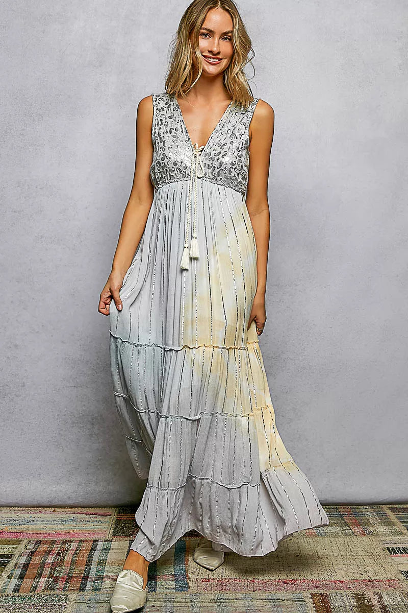 POL Deep V Sleeveless Cotton Bohemian Tiered Maxi Dress