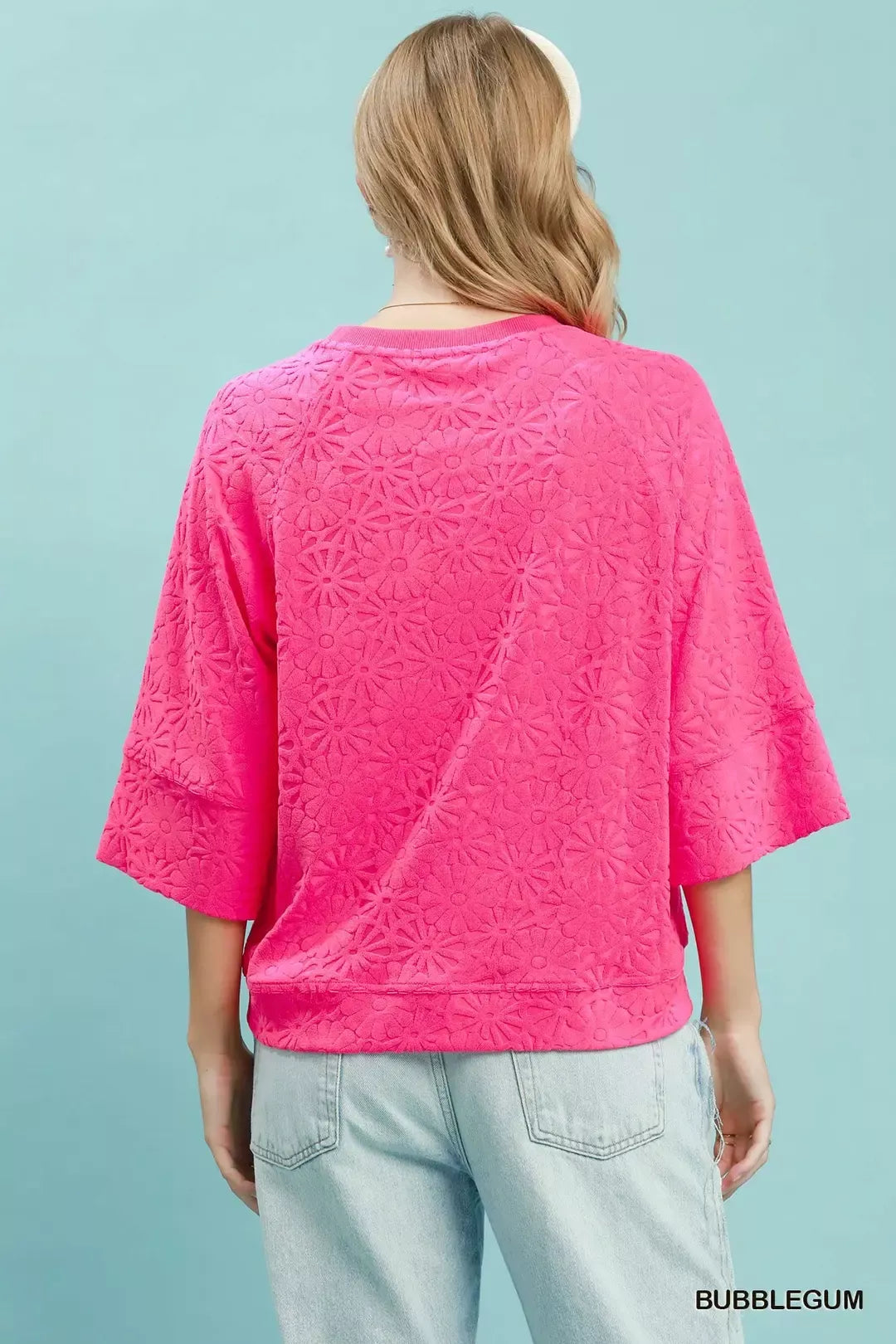 Round Neck Textured Floral Terry Blouse