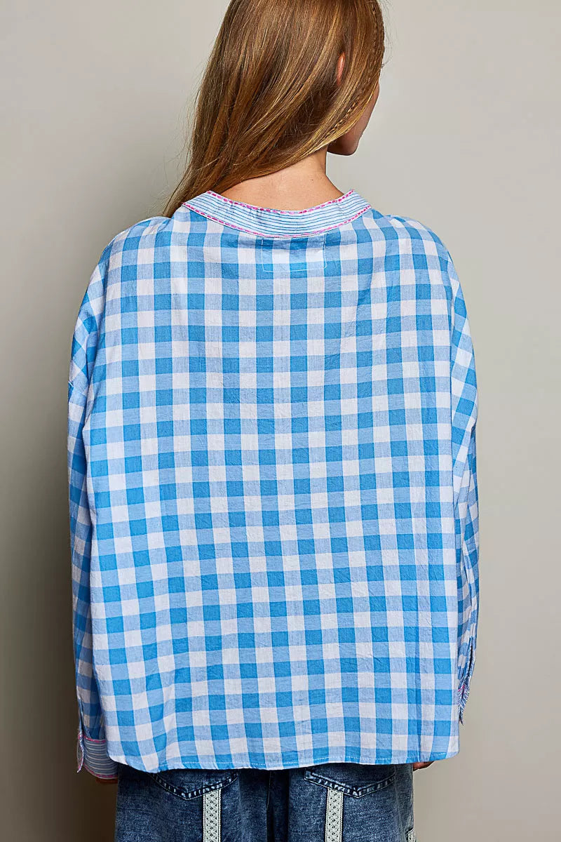 POL Gingham Embroidered Palm Tree Blouse
