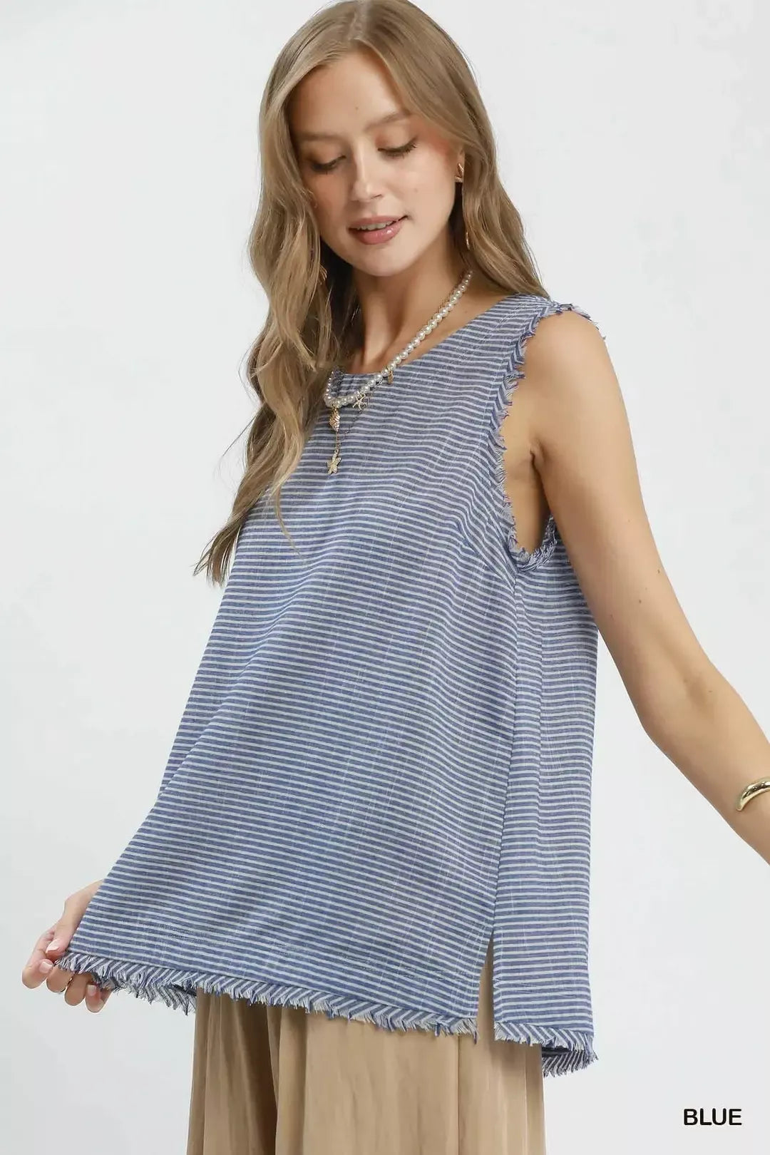 Umgee Stripe Fringe Trim Sleeveless Top