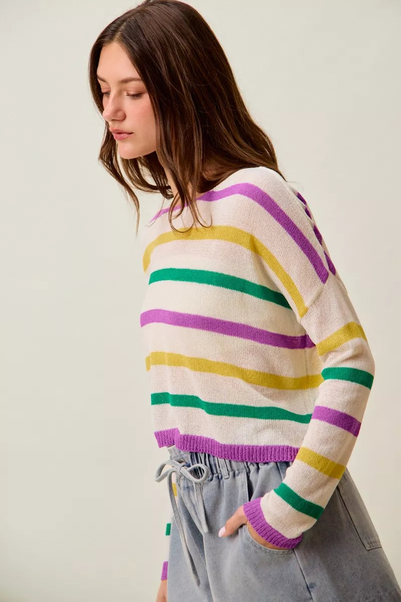 SO ME Mardi Gras Color Stripe Lightweight Sweater Top