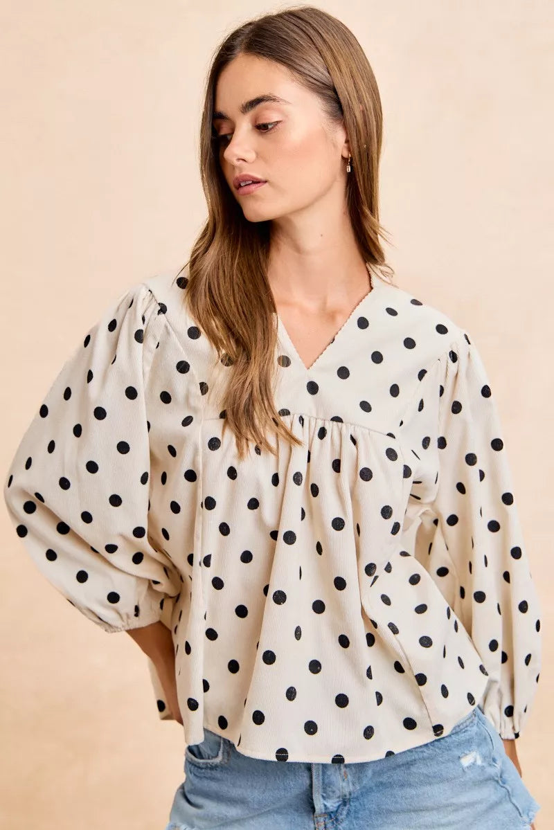 BiBi Polka Dot Corduroy Quarter Sleeves V Neck Blouse
