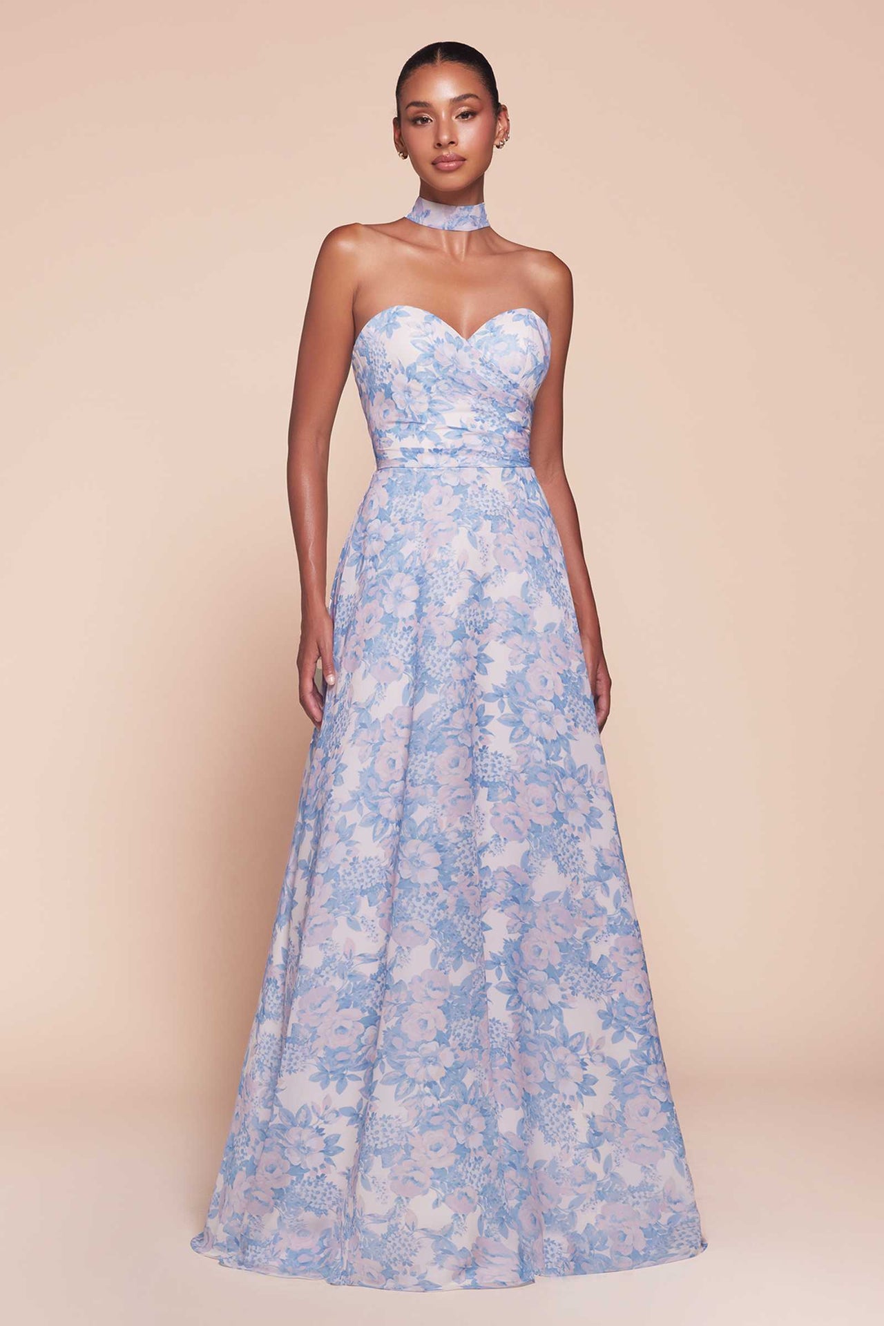 Ladivine 7443 Dress Strapless A-Line Floral Satin Dress