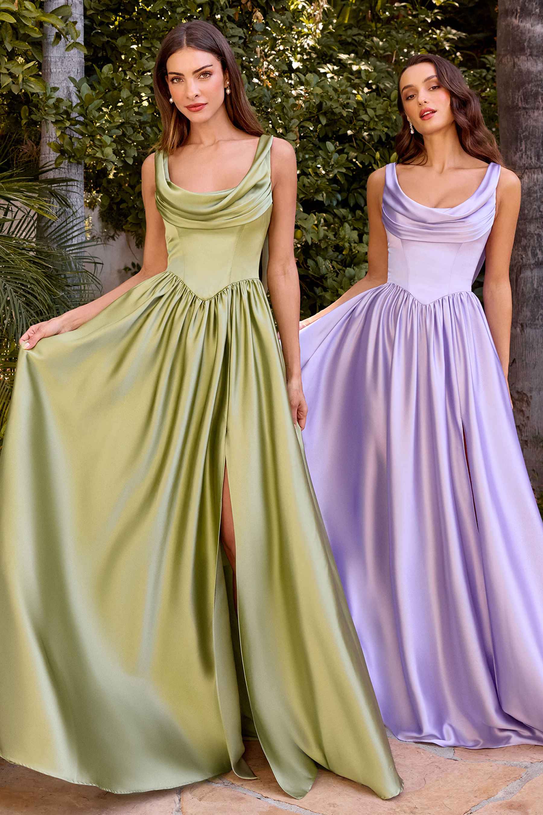 Ladivine 7446 A-Line Fitted Bodice Cowl Neckline Satin Dress