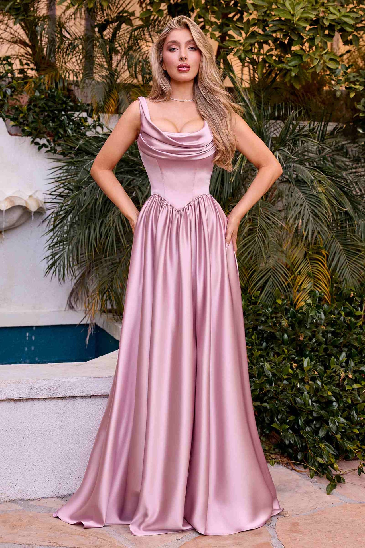 Ladivine 7446 A-Line Fitted Bodice Cowl Neckline Satin Dress