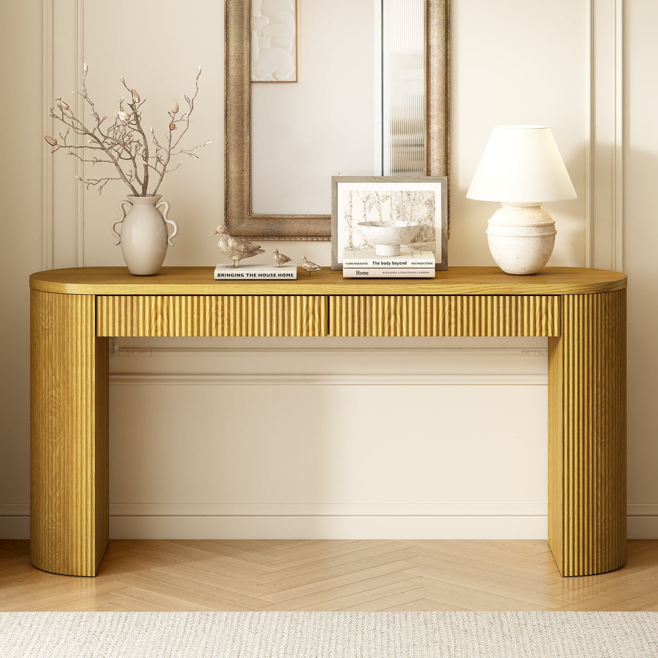 U_STYLE 58.2' Entryway Table with Large Top and Dual Drawers,Console Table with Arched Sturdy Legs Stripe Design,Pine Veneer Sofa Table with Adjustable Feet for Living Room, Hallway,Foyer, Kitchen