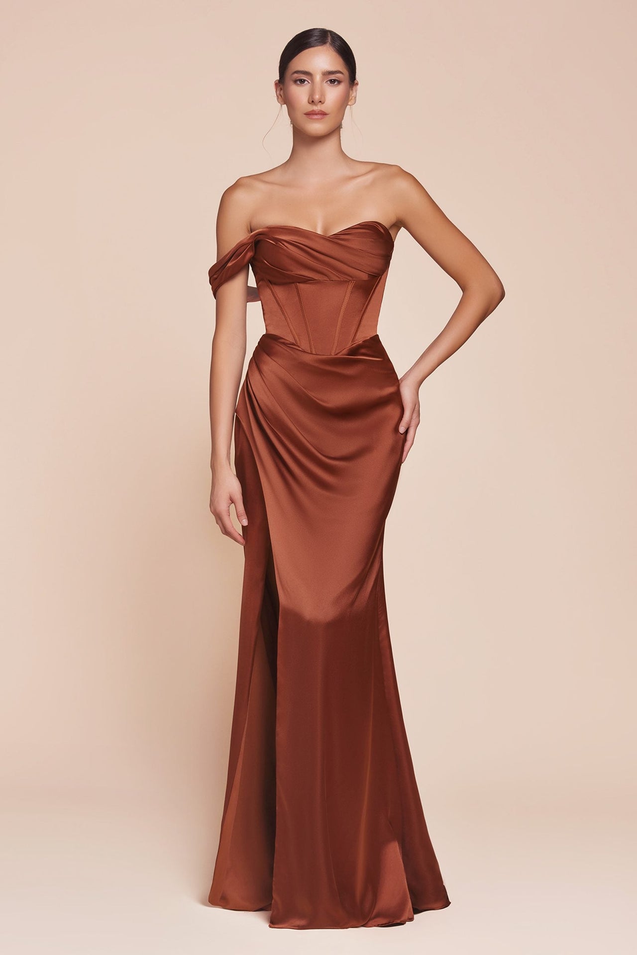 Ladivine 7448 Dress Long One Shoulder Satin Corset Gown