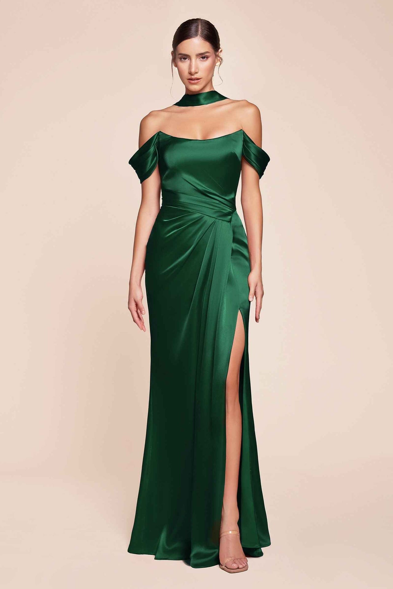 CLEARANCE - Ladivine 7452 Dress Off the Shoulder Sage Green Satin Gown (Size 10)