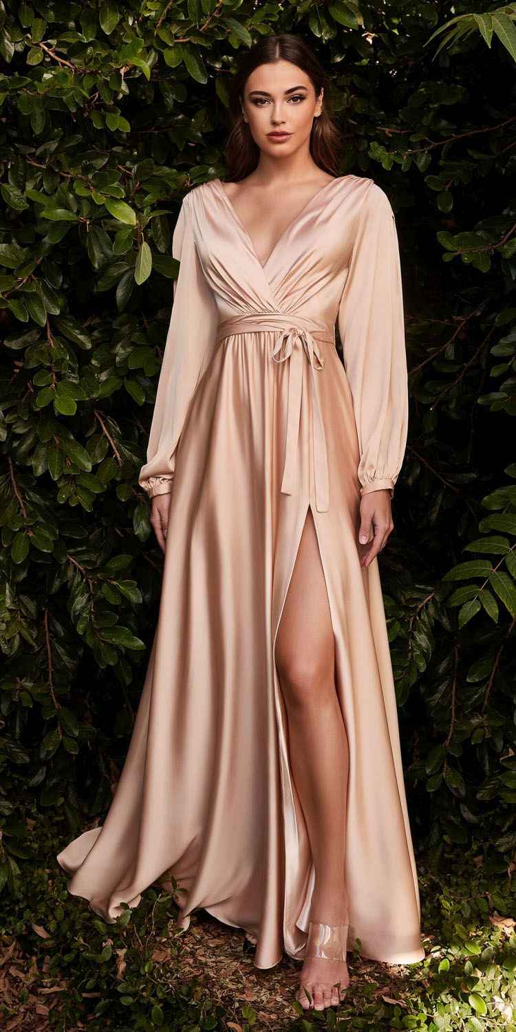 Cinderella Divine 7475 Long Split Blouson Sleeve Formal Dress Thigh Split