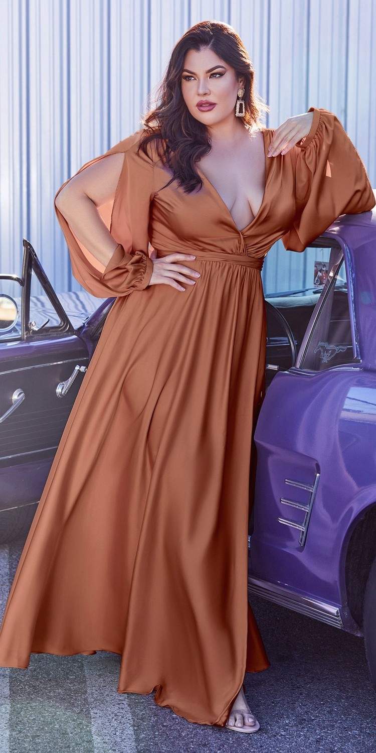 Cinderella Divine 7475 Long Split Blouson Sleeve Formal Dress Thigh Split
