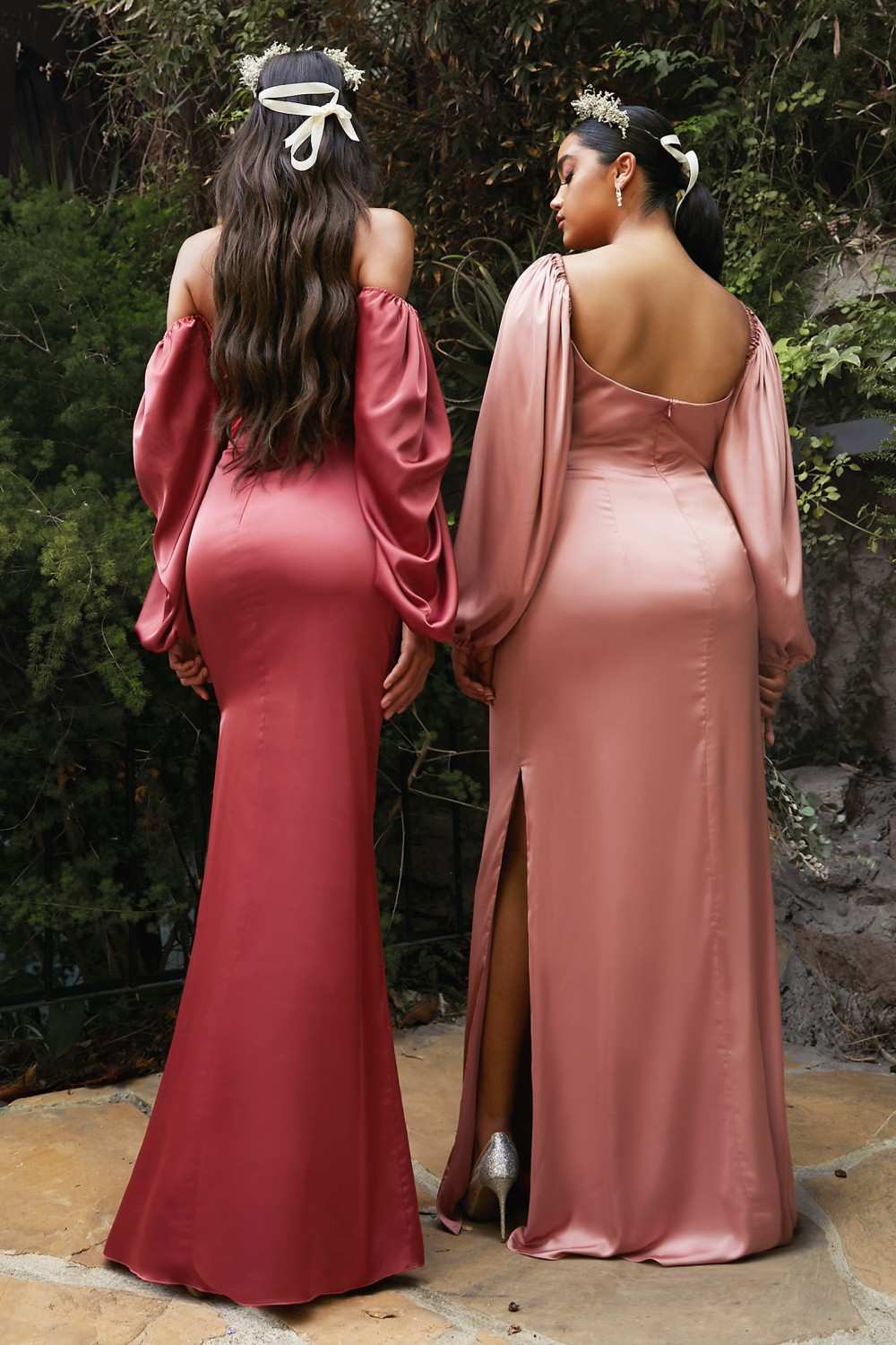 Cinderella Divine 7482 Long Sleeve Off the Shoulder Soft Satin Fitted Dress