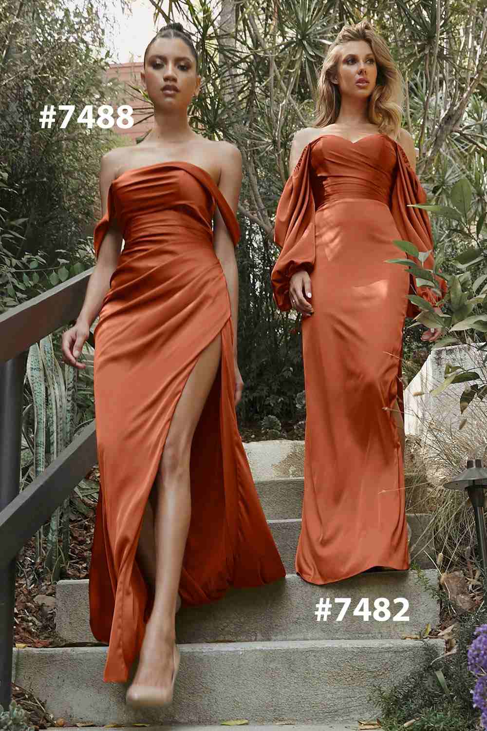 Cinderella Divine 7482 Long Sleeve Off the Shoulder Soft Satin Fitted Dress
