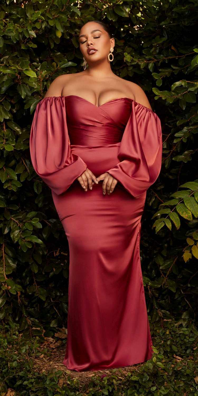 Cinderella Divine 7482C Long Sleeve Off the Shoulder Soft Satin Fitted Dress