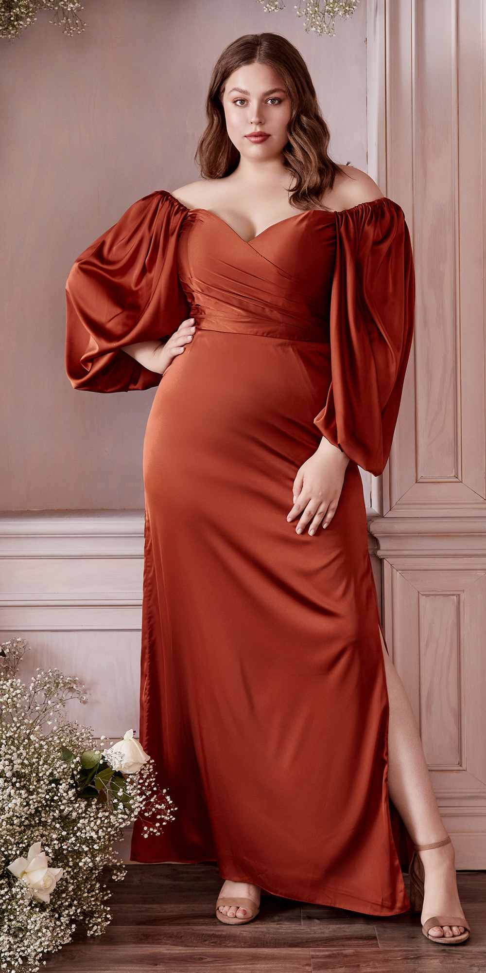 Cinderella Divine 7482 Long Sleeve Off the Shoulder Soft Satin Fitted Dress