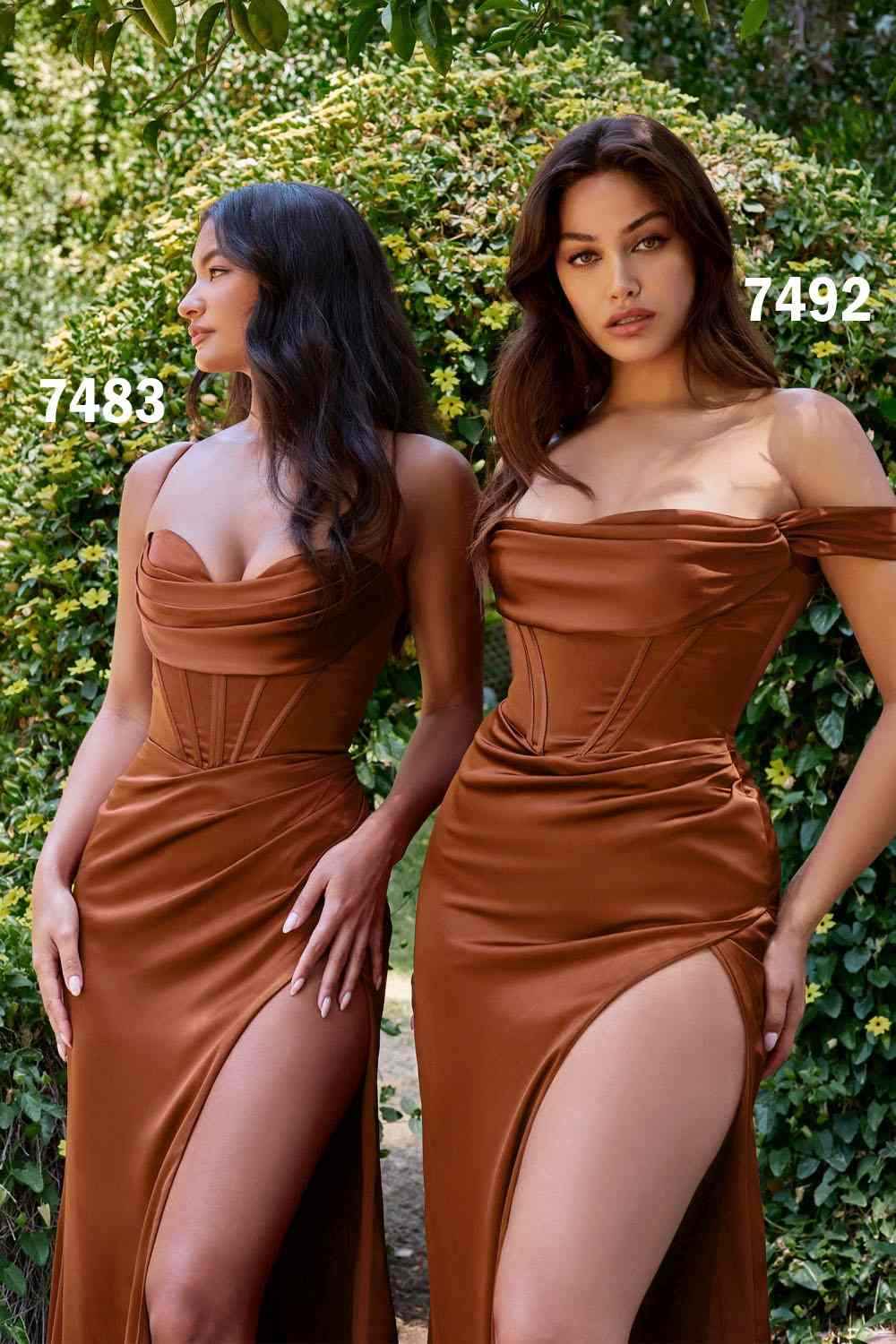 Cinderella Divine 7492 Satin Off the Shoulder Corset Satin Gown