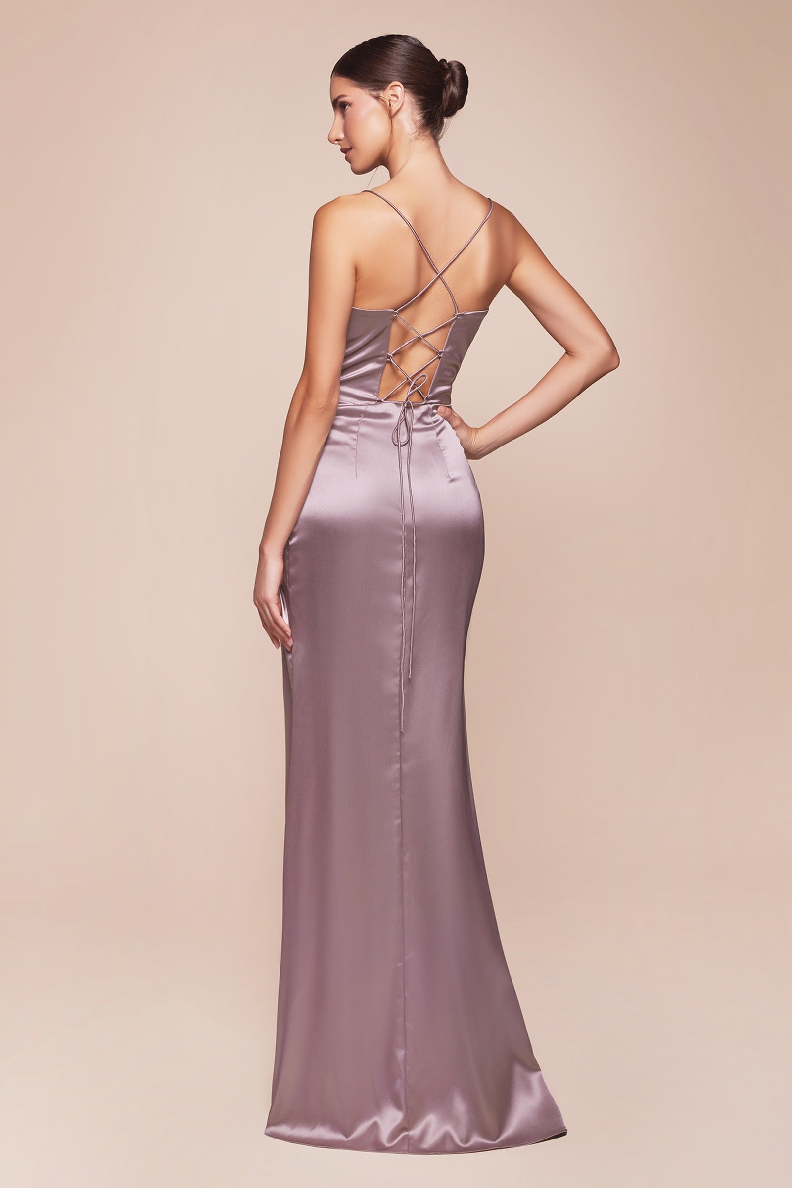 Cinderella Divine 7483 Long Corset Cowl Neckline Formal Satin Gown