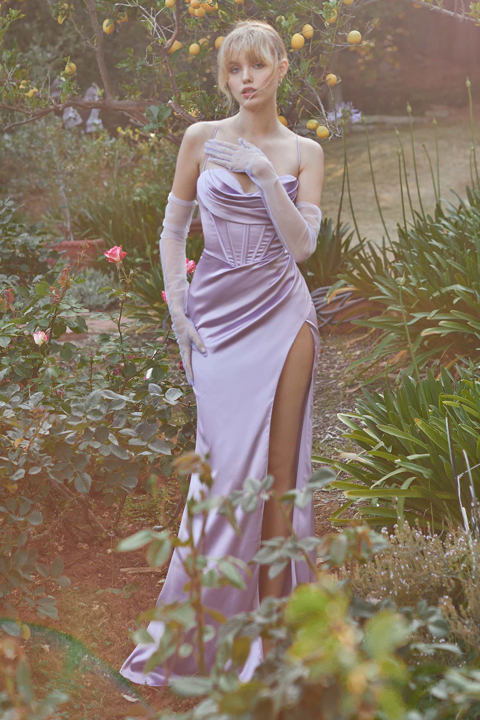 Cinderella Divine 7483 Long Corset Cowl Neckline Formal Satin Gown