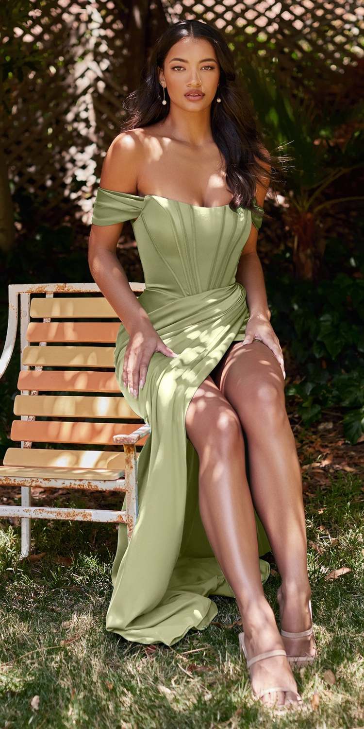 Cinderella Divine 7484 Long Off the Shoulder Corset Satin Formal Gown