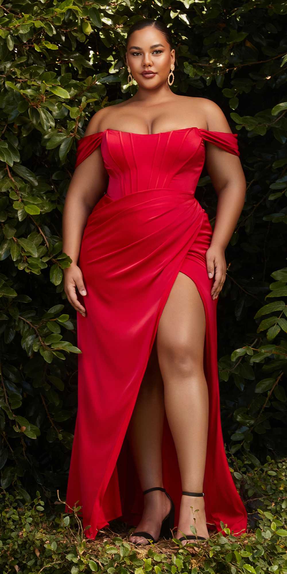 Cinderella Divine 7484C Plus Size Off the Shoulder Corset Satin Formal Gown