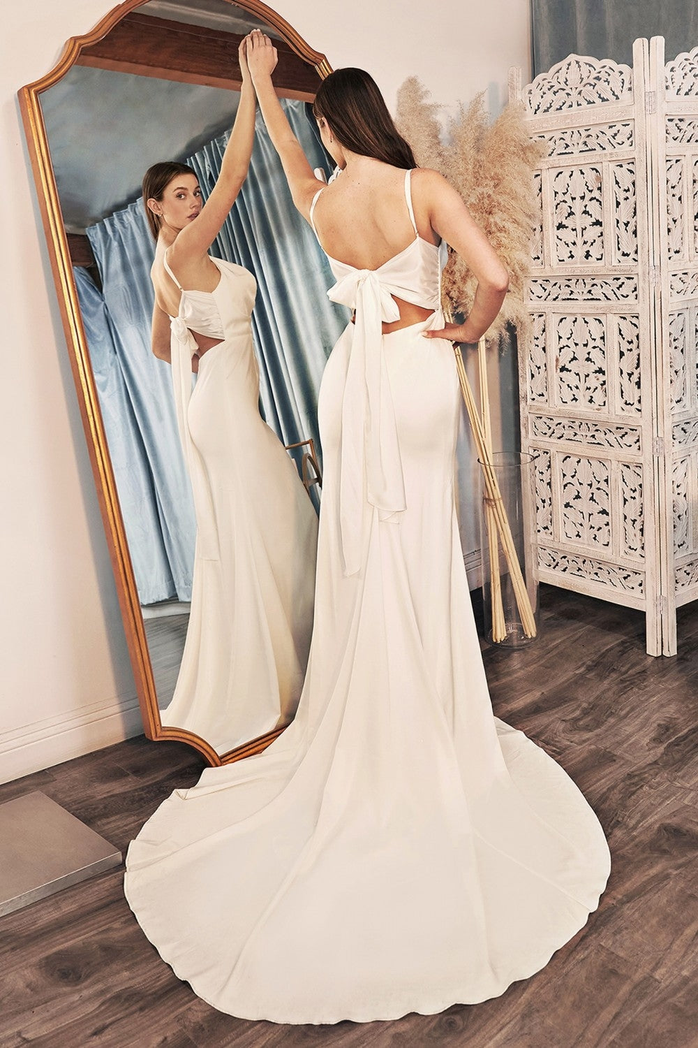 Cinderella Divine 7487W Fitted Satin Dress Cowl Neckline Open Tie Back