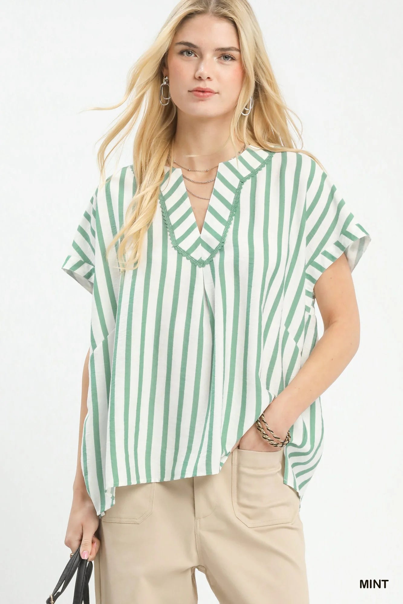 Umgee Mixed Stripe Split Neck Oversized Blouse