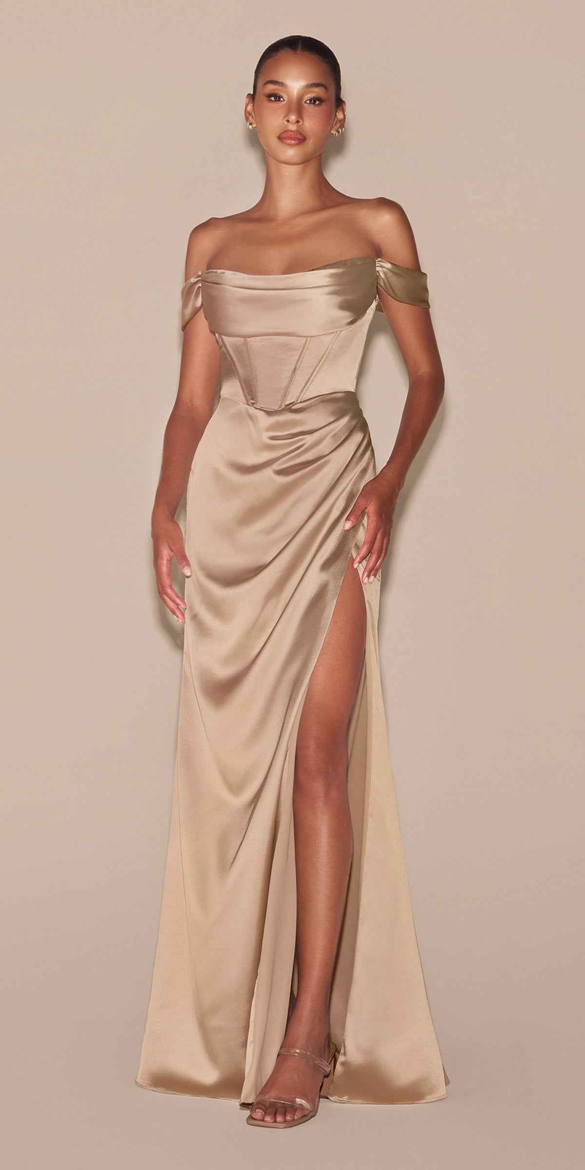 Cinderella Divine 7492 Satin Off the Shoulder Corset Satin Gown