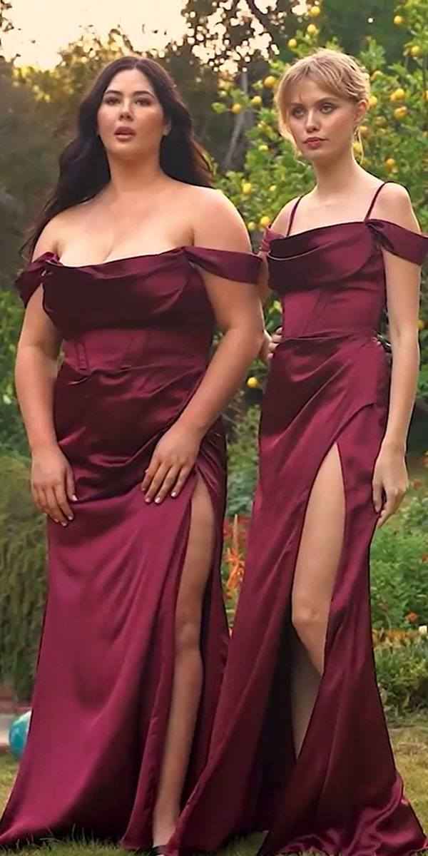 Cinderella Divine 7492 Satin Off the Shoulder Corset Satin Gown