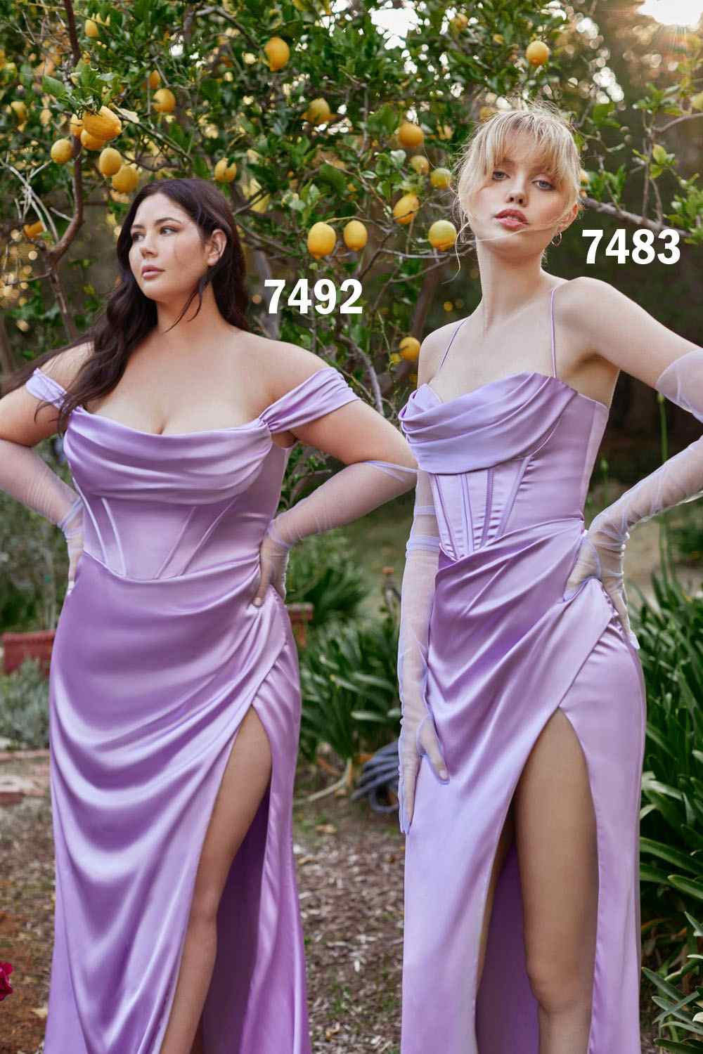 Cinderella Divine 7492C Satin Off the Shoulder Corset Satin Gown
