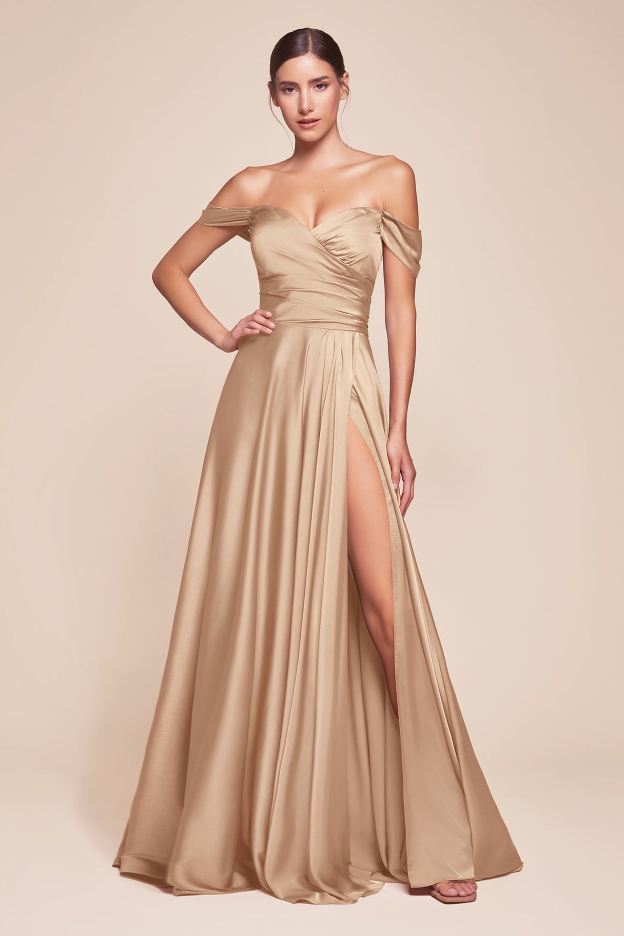 Cinderella Divine 7493C Long Plus Size A-Line Off the Shoulder Satin Dress