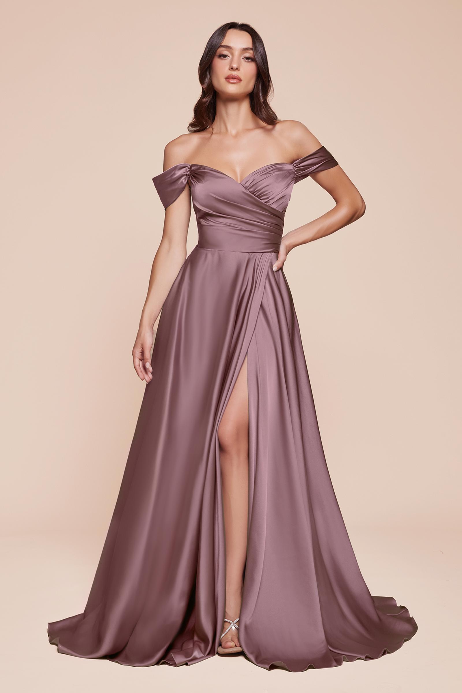 Cinderella Divine 7493C Long Plus Size A-Line Off the Shoulder Satin Dress