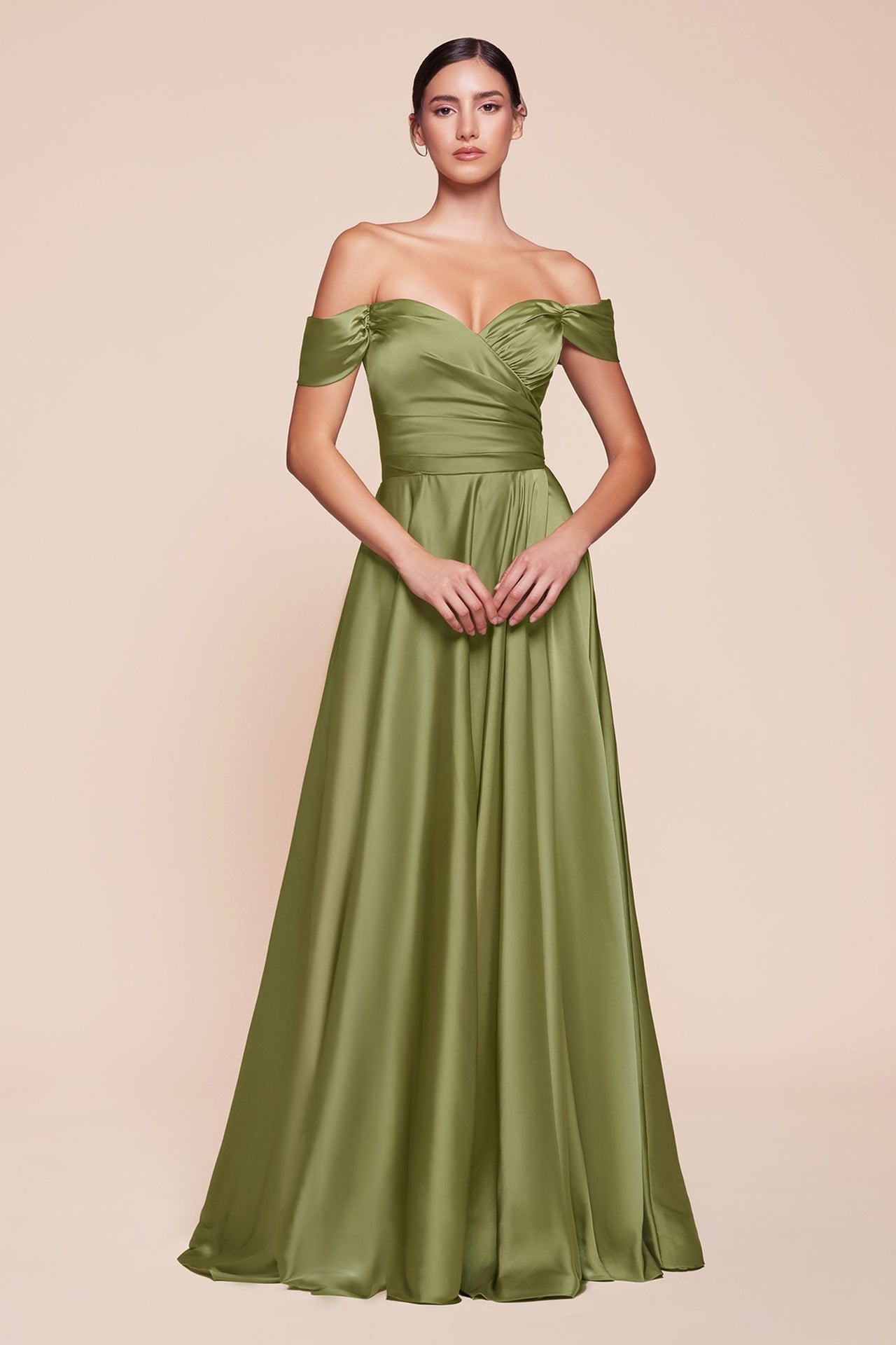 Cinderella Divine 7493C Long Plus Size A-Line Off the Shoulder Satin Dress