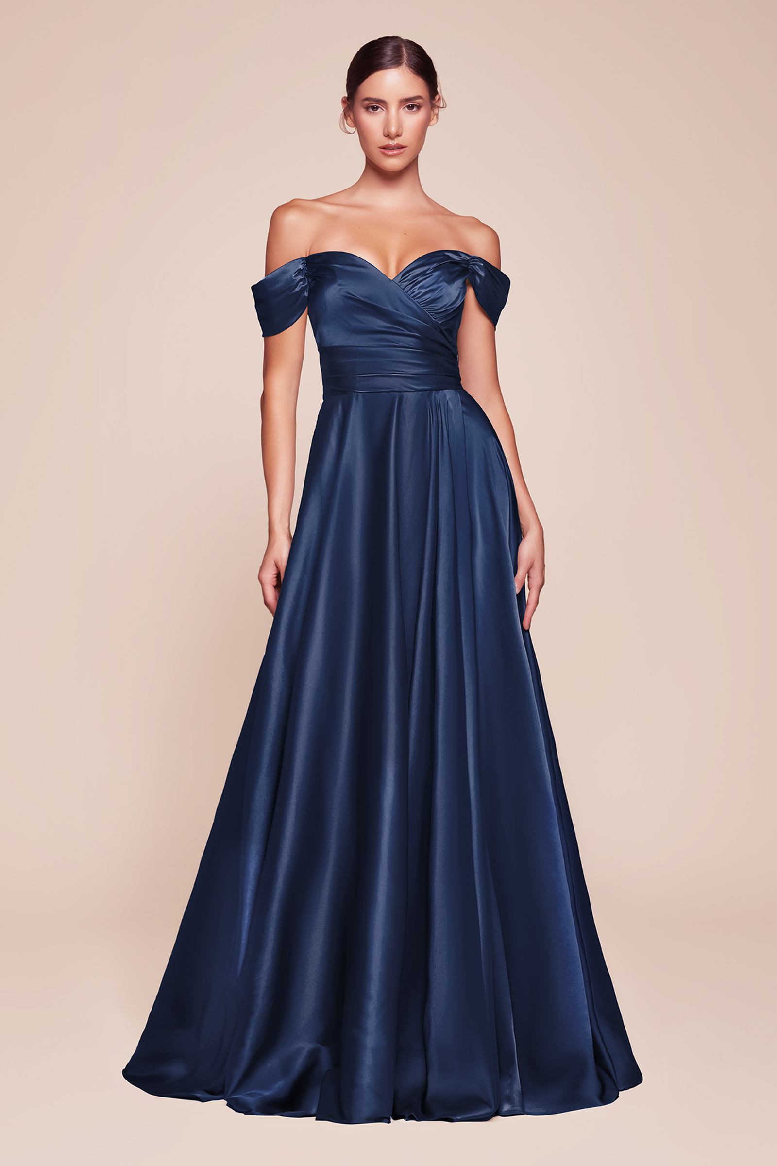 Cinderella Divine 7493C Long Plus Size A-Line Off the Shoulder Satin Dress