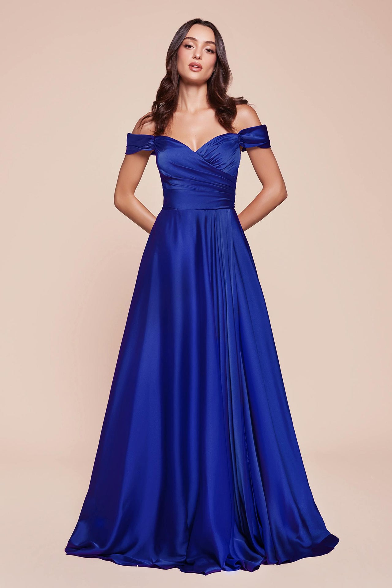 Cinderella Divine 7493C Long Plus Size A-Line Off the Shoulder Satin Dress