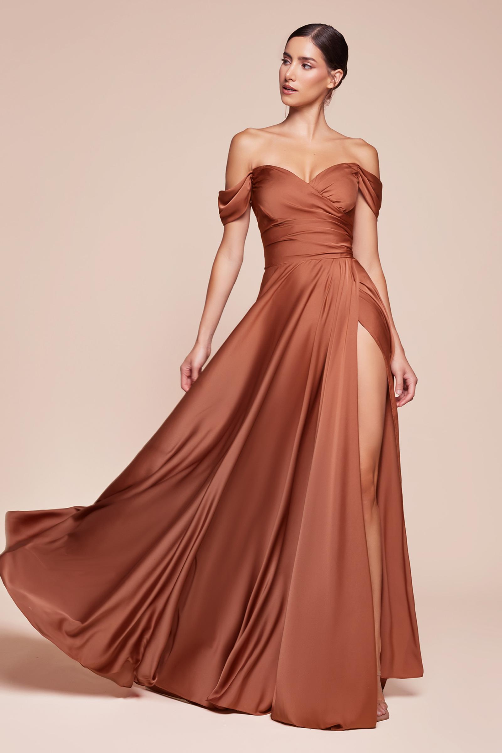 Cinderella Divine 7493C Long Plus Size A-Line Off the Shoulder Satin Dress