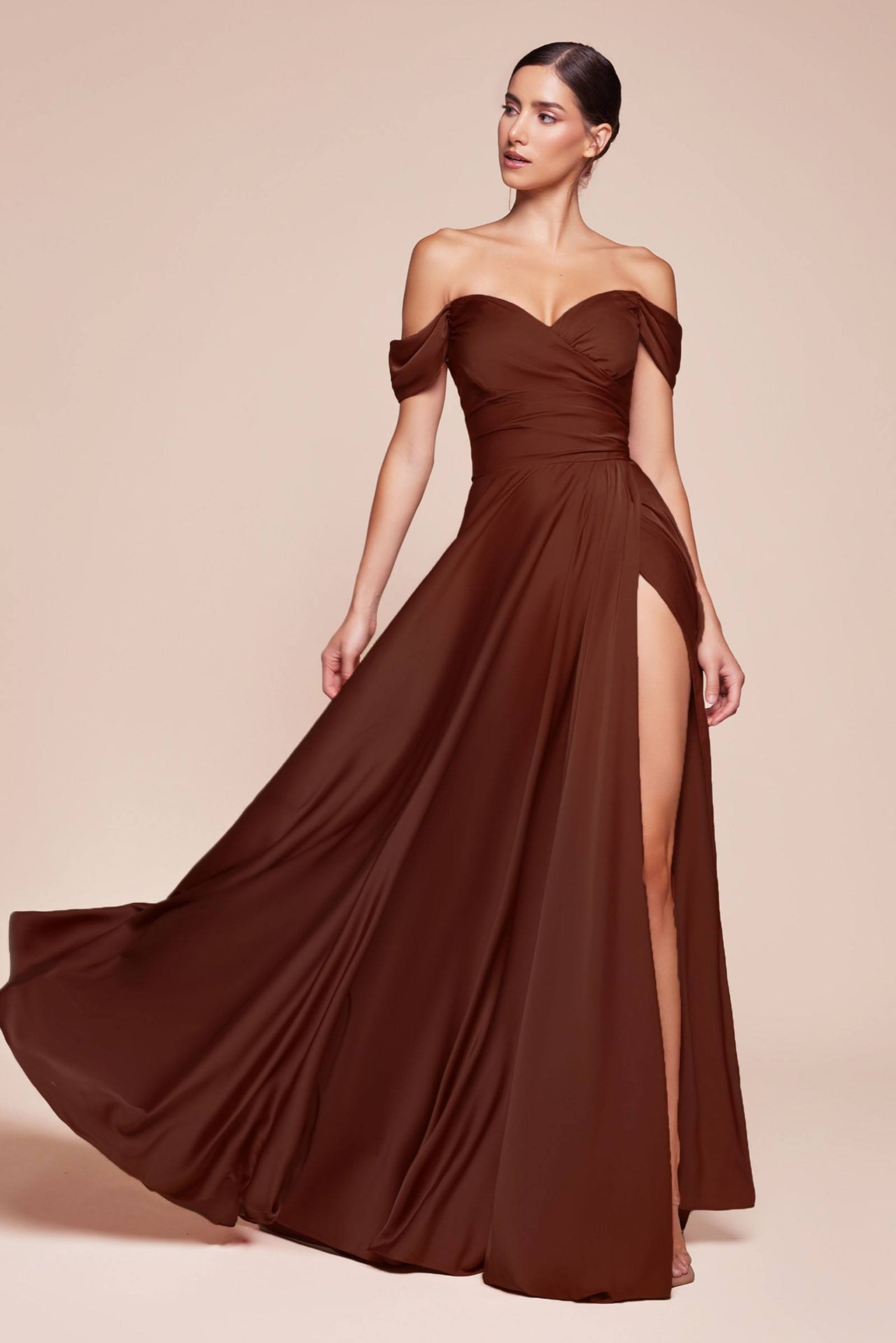 Cinderella Divine 7493C Long Plus Size A-Line Off the Shoulder Satin Dress